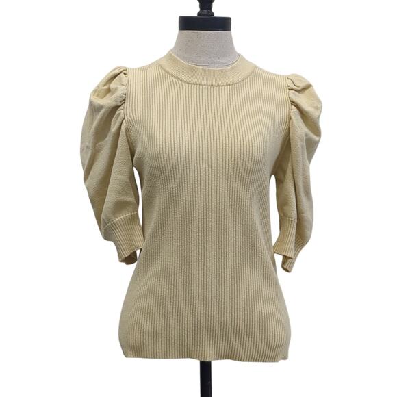 en saison pastel yellow knit short sleeve sweater puff sleeve size Large - Picture 1 of 5